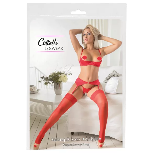 Cottelli - síťované punčochy s krajkou - červené - 5/XL