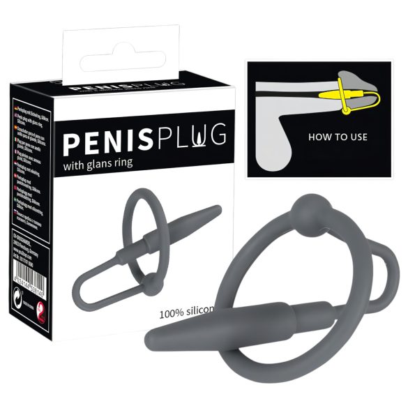 Penisplug - silikonový žaludeční kroužek s uretrálním kuželem (šedý)