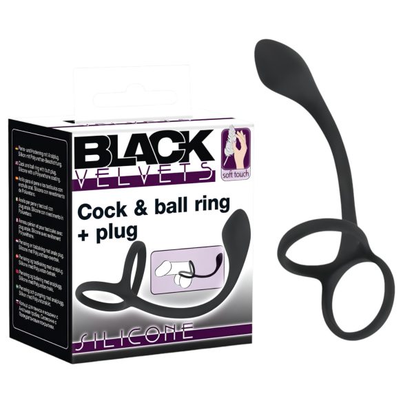 Black Velvet - štíhlý anální dildo s penisovým a varlatícím kroužkem (černý)