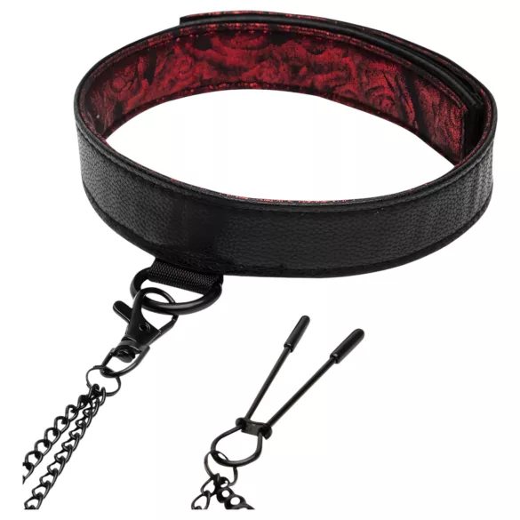 Fifty Shades of Grey - obojek a svorky na bradavky - černá/červená