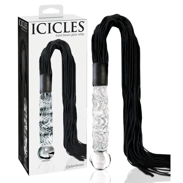 Icicles No. 38 - kožený bičík a skleněné dildo (průhledné-černé)