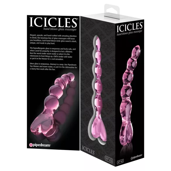 Icicles No. 43 - skleněné dildo s korálky a srdcem - růžové