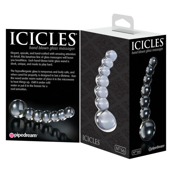 Icicles No. 66 - skleněné dildo - zahnuté, s kuličkami - čiré