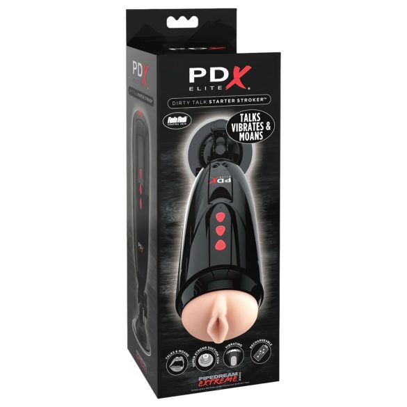 PDX Elite Dirty Talk – Vibrační masturbátor v podobě vagíny (černý)