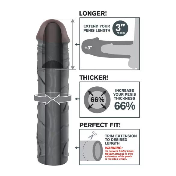 Pipedream - X-TENSION Mega 3 - realistický návlek na penis (22,8 cm, černý)