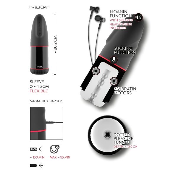 WYNE 02 - masturbátor pro muže - vibrační a sání - akumulátor - černobílý