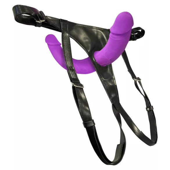 SMILE - nasazovací dvojité dildo s kalhotkami - silikon fialovo-černé