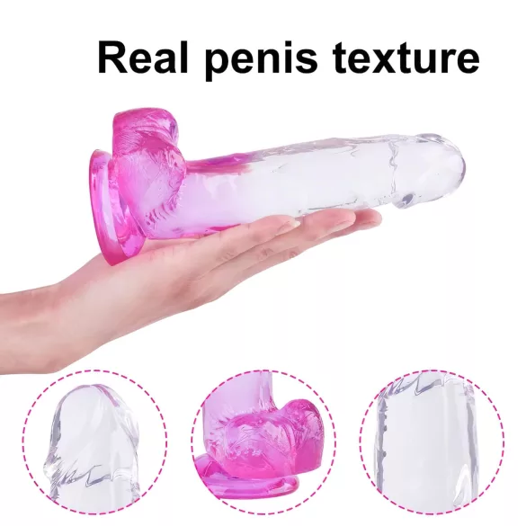 Sunfo - dildo s přísavkou a varlaty - 22 cm - průhledně fialový