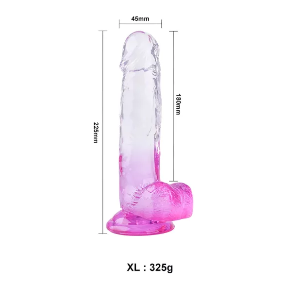 Sunfo - dildo s přísavkou a varlaty - 22 cm - průhledně fialový