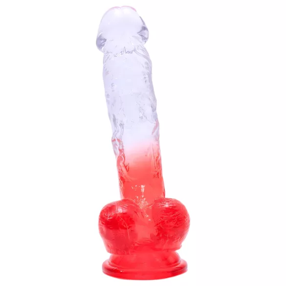 Sunfo - dildo s přísavkou a varlaty - 21 cm - čirý červený
