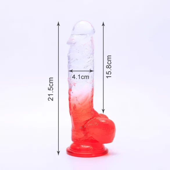 Sunfo - dildo s přísavkou a varlaty - 21 cm - čirý červený