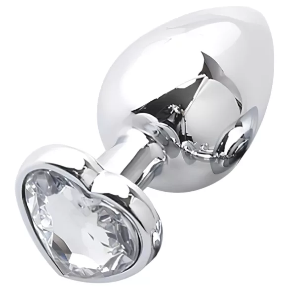 Sunfo - kovový anální kolík se srdcovým kamínkem (stříbrno-bílý)