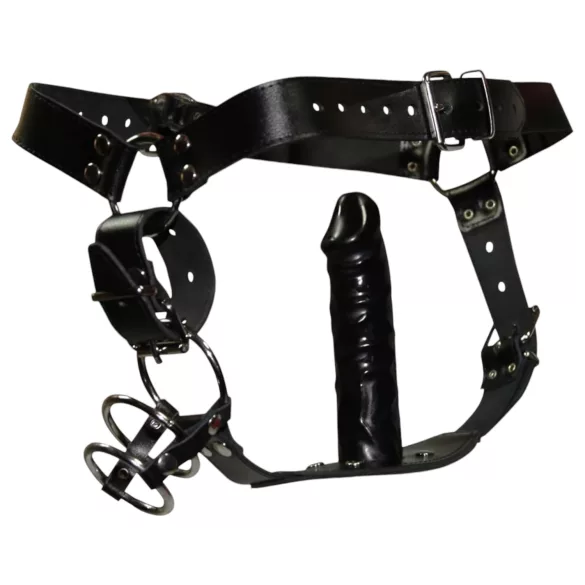 ZADO - kožená tanga s dildem a 3 erekčními kroužky