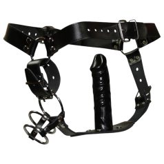 ZADO - kožená tanga s dildem, 3 kroužky na penis - L/XL