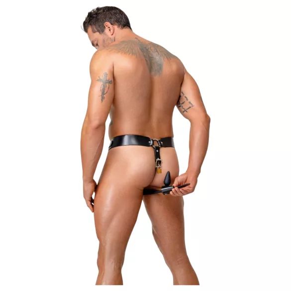 ZADO - kožené ctnostní tanga s páskem se 2 zámky - černé (S-2XL)