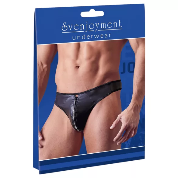Svenjoyment - pánské lesklé tanga s kamínky a zipem - černé - M