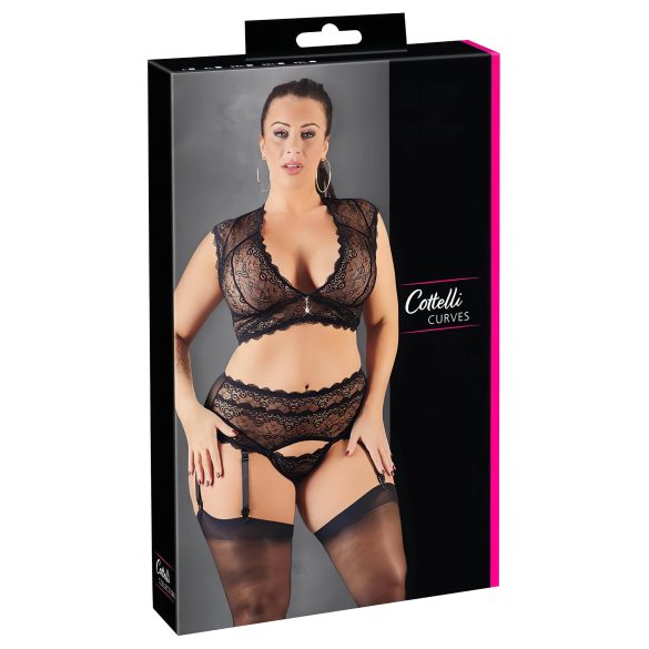Cottelli Plus Size - krajková souprava s kamínky (černá) - 3XL