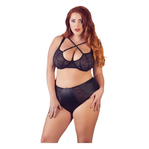 Cottelli Plus Size - křížově páskovaná podprsenka a kalhotky (černé)
