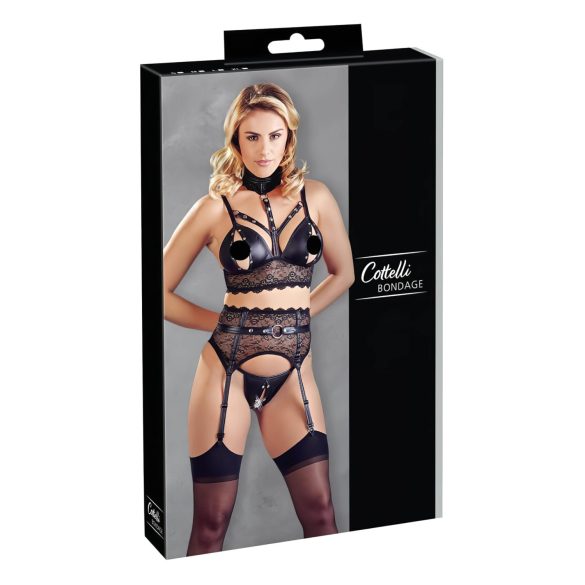 Cottelli Bondage - krajkový set prádla s pouty (černý) - XL