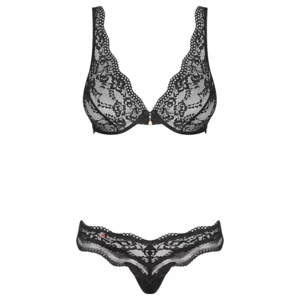 Obsessive - erotická podprsenka set - květinový vzor, kamínky - černá - L/XL