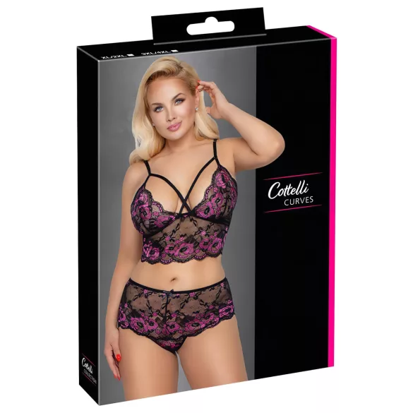 Cottelli Plus Size - květinový podprsenkový set (černá-fialová)