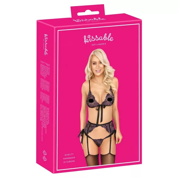 Kissable - růžovo-fialová výšivková podprsenka set (černý) - L/XL