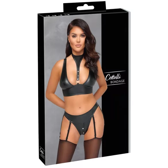 Cottelli Bondage - lesklá podprsenka se sadou pout (černá) - M