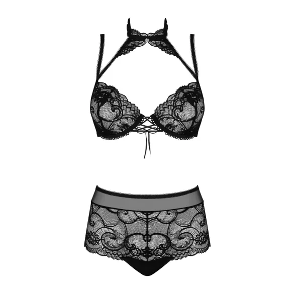 Obsessive Elizenes - průhledná sada podprsenky se vzorem (černá) - L/XL