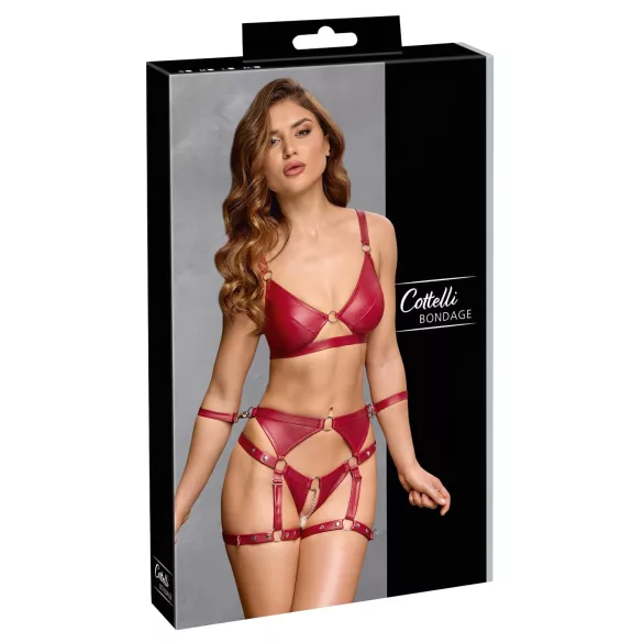 Cottelli Bondage - lesklý set podprsenky a pouta (červená) - M
