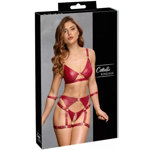 Cottelli Bondage - lesklý set podprsenky a pouta (červená) - XL