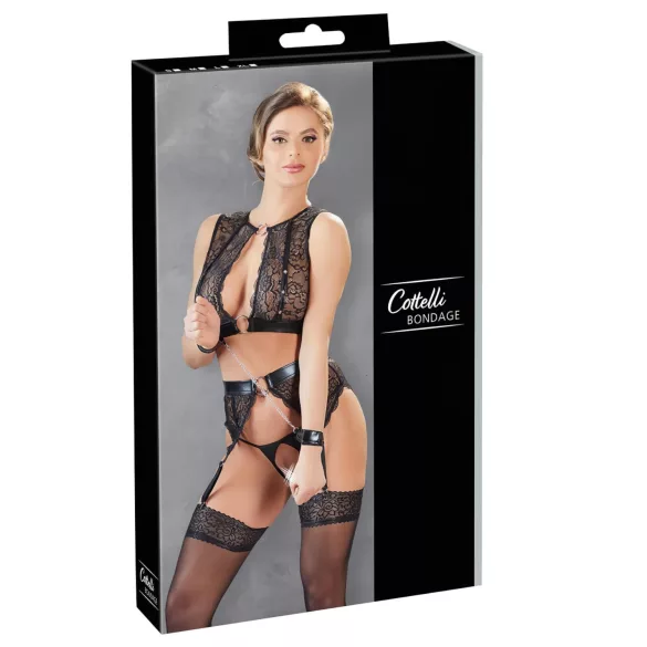 Cottelli Bondage - krajková souprava spodního prádla + pouta (4dílná sada) - M
