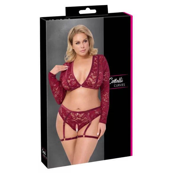 Cottelli Curves - dámská souprava s dlouhým rukávem - krajka - červená - 2XL
