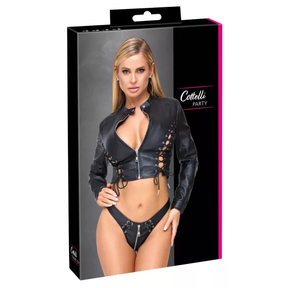 Cottelli - krátká koženka bunda a tanga set (černá)