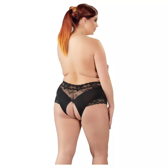 Cottelli Plus Size - otevřené kalhotky s krajkou a perlami - černé - XL