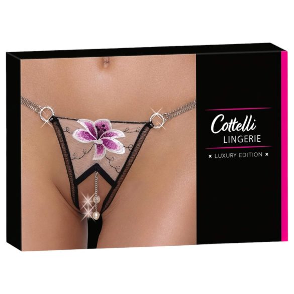 Cottelli - luxusní tanga s výšivkou lilie (černo-bílá)