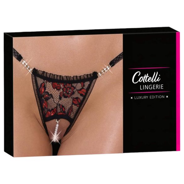 Cottelli - luxusní tanga s růžovými perlami (černá) - M/L