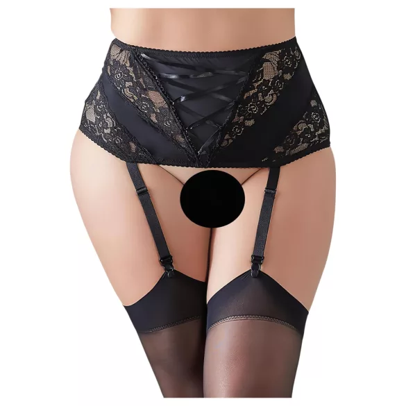 Cottelli Plus Size - podvazkový pás s krajkou a šněrováním - černý - XL
