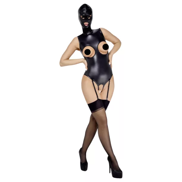 Bad Kitty - otevřený body a orální maska - černá - XL
