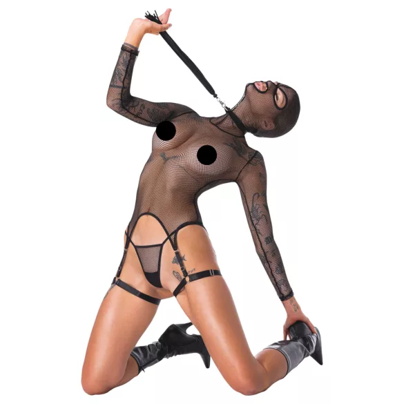 Bad Kitty - BDSM sada - průhledná síťovina s bičíkem - černá - L