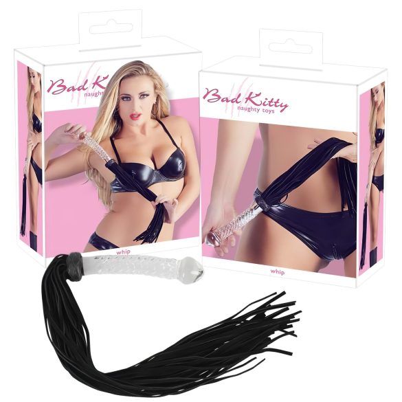 Bad Kitty - kožený bičík s dildem (průhledný-černý)