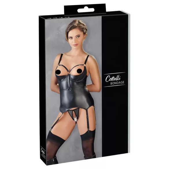 Cottelli Bondage - lesklý push-up top s pouty (černý) - XL