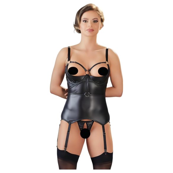 Cottelli Bondage - lesklý top s podpůrnou podprsenkou a pouty (černý) - XL