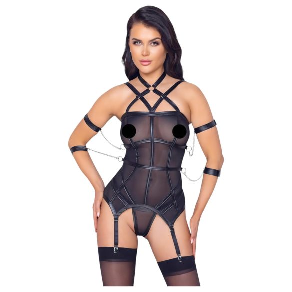Cottelli Bondage - páskový top, pouta a tanga (černá)