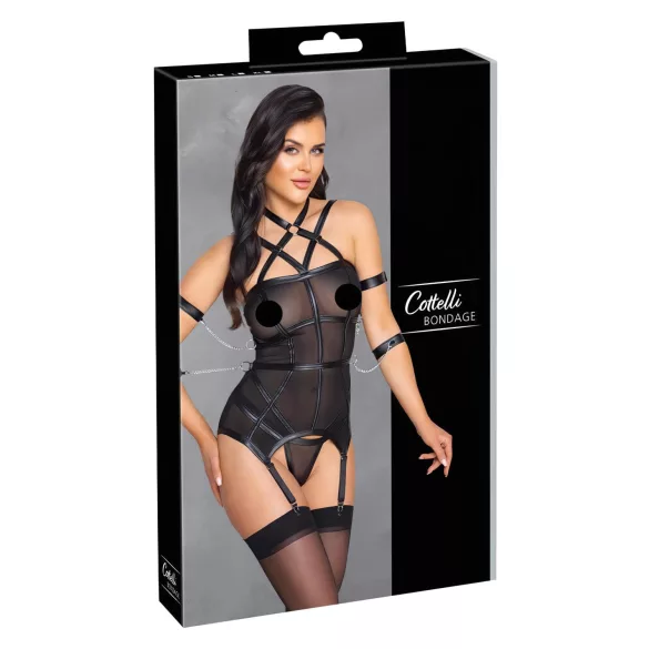 Cottelli Bondage - top s popruhy, pouta na ruce a tanga (černá) - L