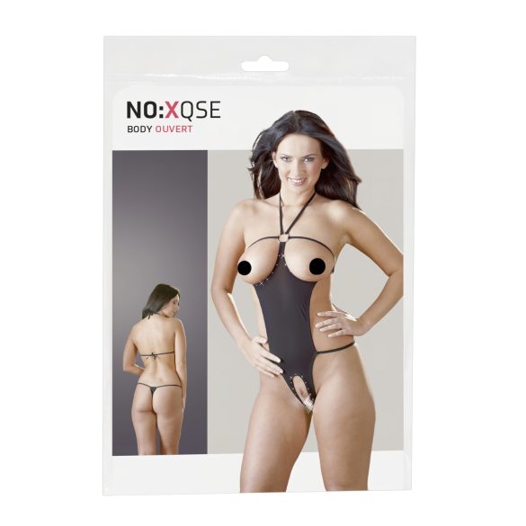NO:XQSE - Otevřený, zdobený kamínky erotický body - černý (S-L)