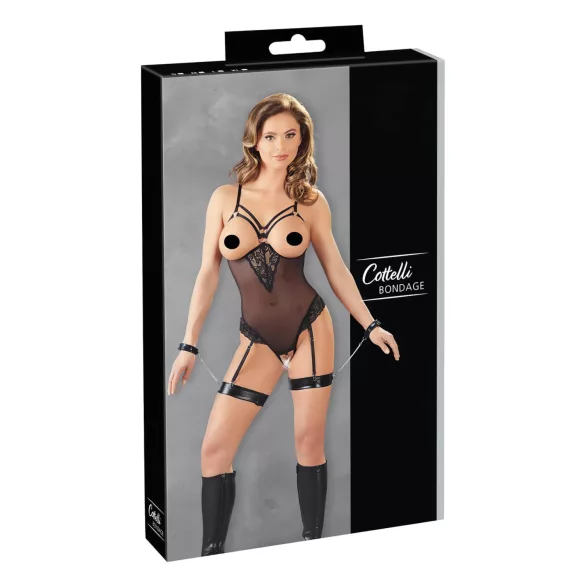 Cottelli Bondage - body s kovovými kroužky a pouty na ruce - černé - L