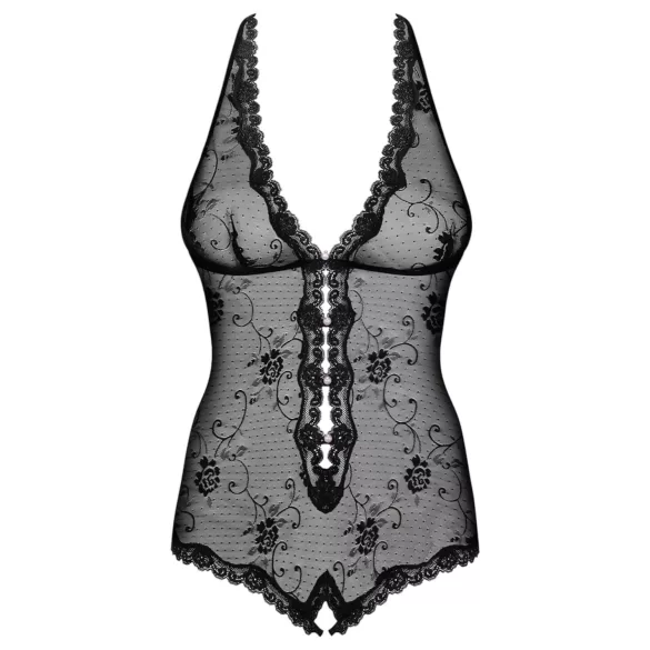 Obsessive - krajkované body s perličkami a otevřeným rozkrokem - černé - L/XL