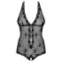 Obsessive - krajkované body s perličkami a otevřeným rozkrokem - černé - L/XL