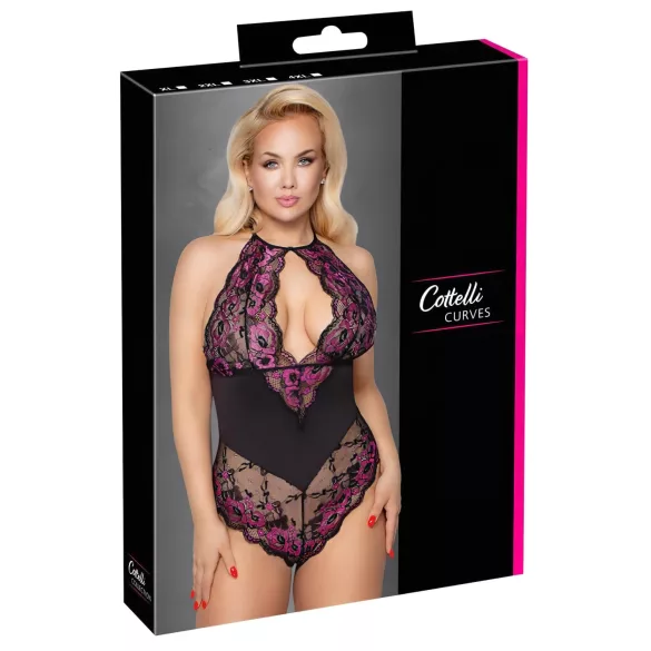 Cottelli Plus Size - krajkové body s květinovým vzorem - černá/fialová