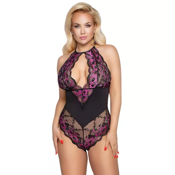 Cottelli Plus Size - krajkové body s květinovým vzorem - černá/fialová